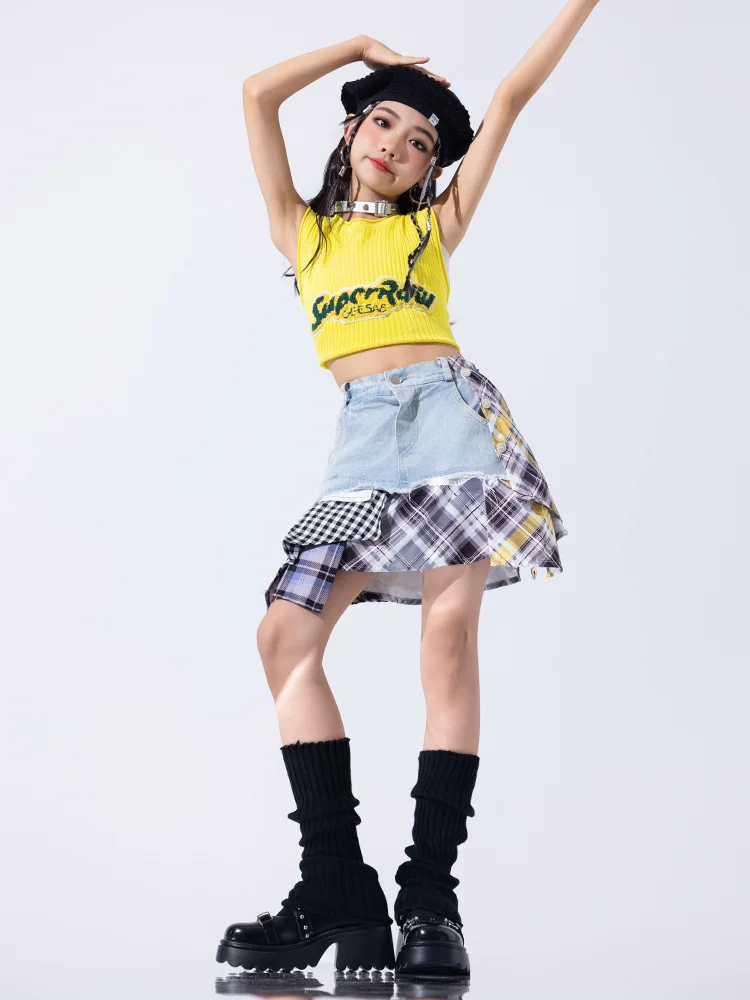 Girls Hip Hop Ballroom Dancing Costumes for Kids Jazz Dance Party Clothes Stage Wear Denim Stitching Skirt High Waist T Shirt