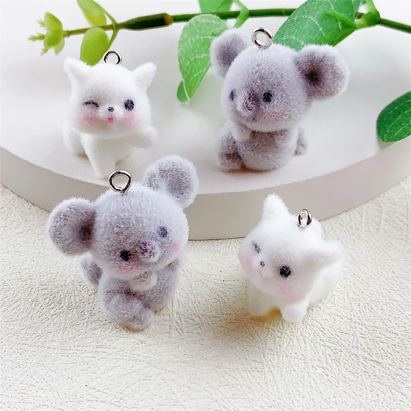 2pcs 3D Flocking Cat Koala Charms Cute Animals Pendant Bag Keyring Charms Earring Jewelry Pendant Handmade DIY Accessories