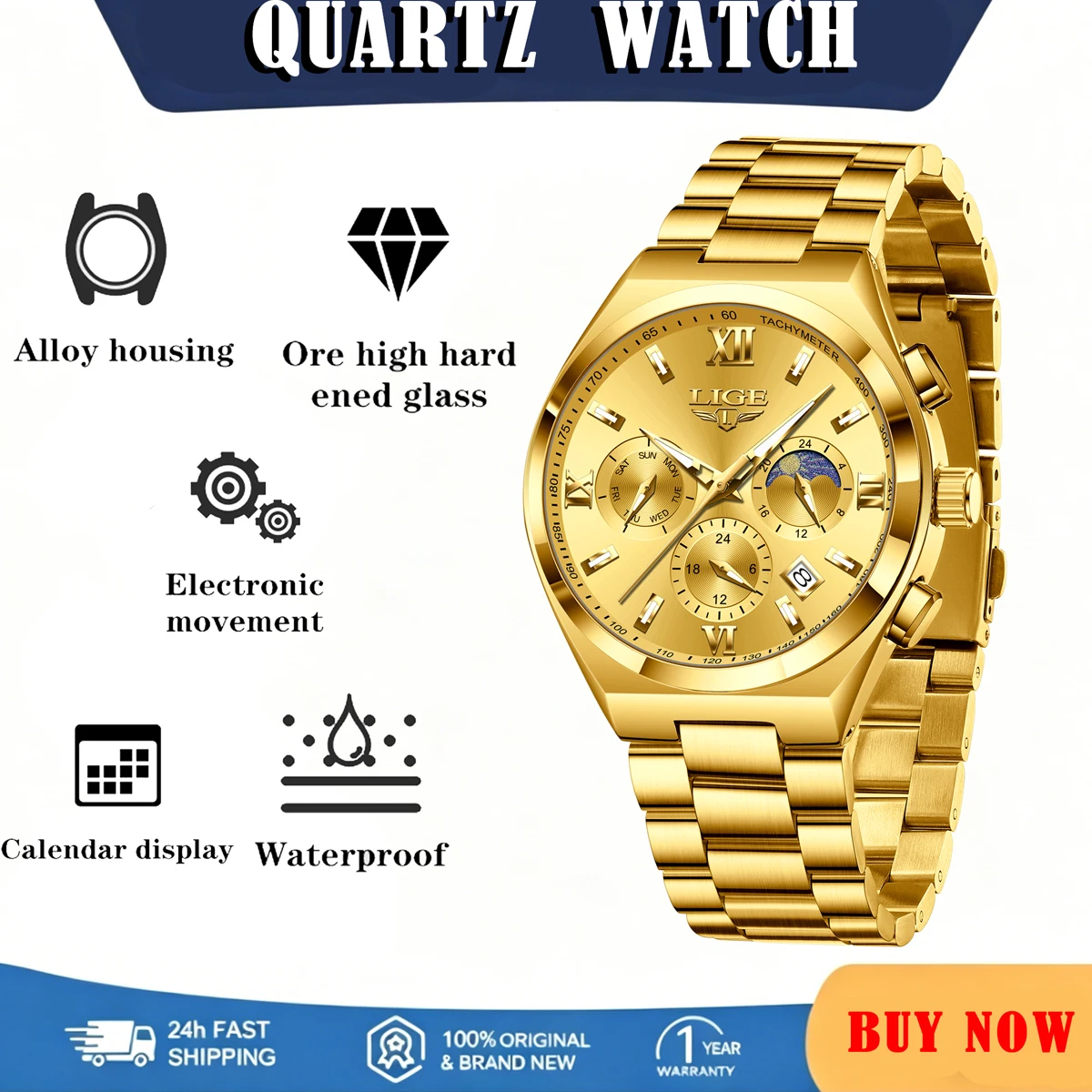 

LIGE Luxury Men Watch 30M Waterproof Luminous Fashion Wristwatches Moon Phase Stainless Steel Quartz Watch Sports Wristwatch