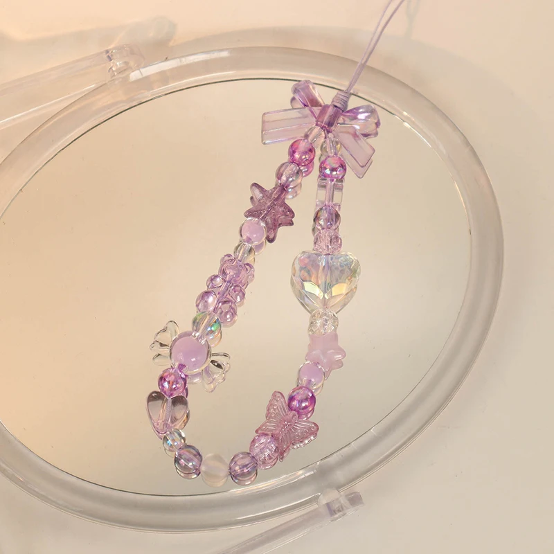 Sweet Purple Bow Cell Phone Lanyard Y2K Beautiful Heart-shaped Beaded Cell Phone Lanyard Drop-proof Phone Chain