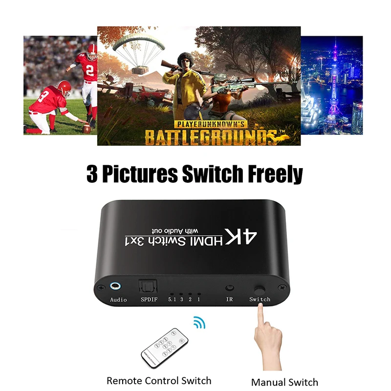 4K HDMI Switcher 3X1 3 untuk 1 1080P HDMI Ke HDMI Audio Extractor dengan Remote Audio SPDIF Out Untuk TV PC Proyektor Kamera