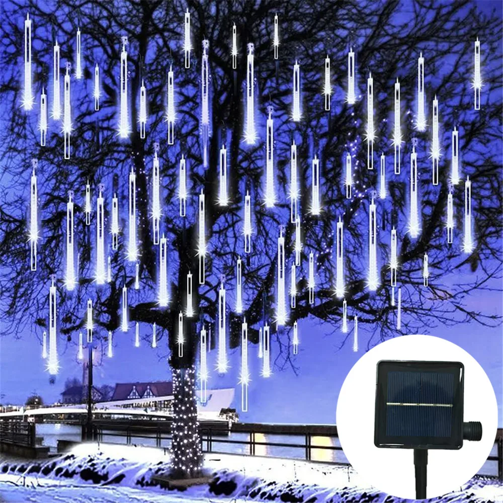

Уличное рождественское украшение 30/50 см, солнечный метеоритный дождь, дождь, праздничный светильник, светодиодная гирлянда для сада на дереве, 8 трубок, сказочный свет