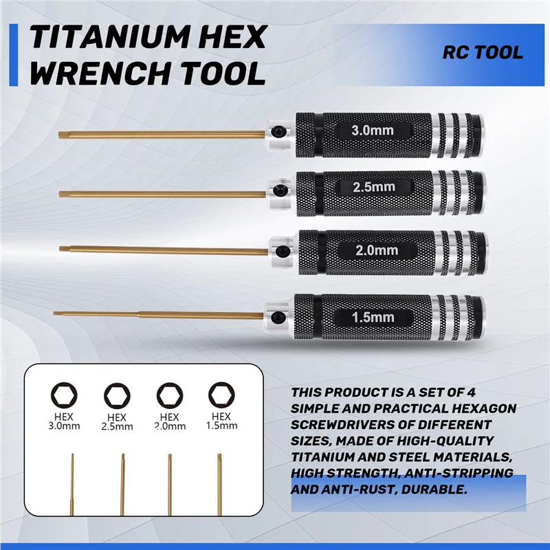 

Y51A-4 Pcs 1.5 / 2.0 / 2.5 / 3.0 Mm Hex Screwdriver Set Titanium Hex Wrench Tool Set For Multi-Axis FPV RC Tool