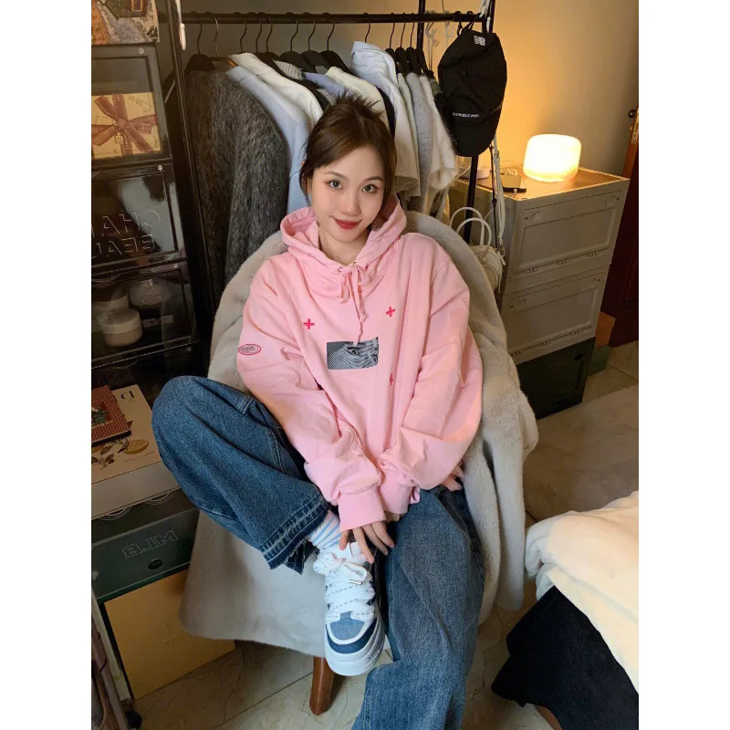 

Korean Streetwear Graphic Pink Hoodie Women Hippie Harajuku Cross Oversize Sweatshirt Casual Long Sleeve Top Female
