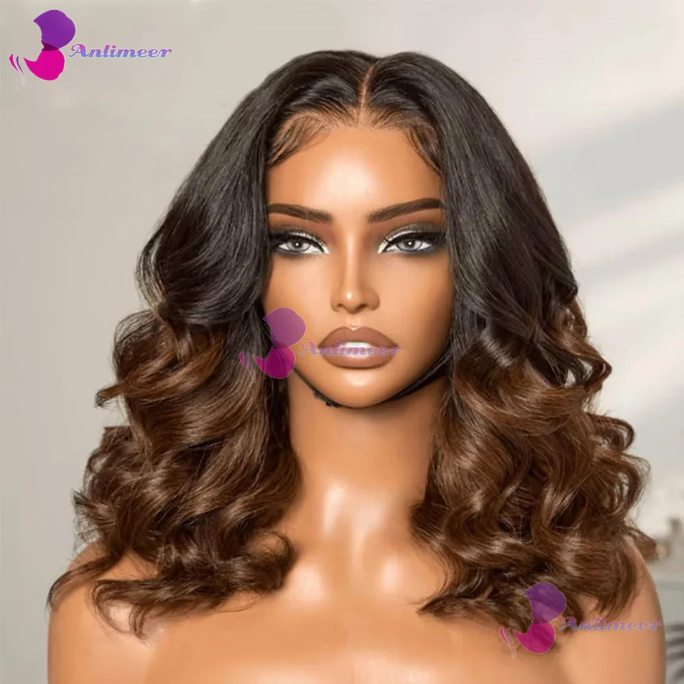 Middle Part 200% Density Loose Wave Short BoB Ombre Brown Human Hair Glueless 5x5 Silk Top Closure Wigs 13x6 Lace Front Wigs
