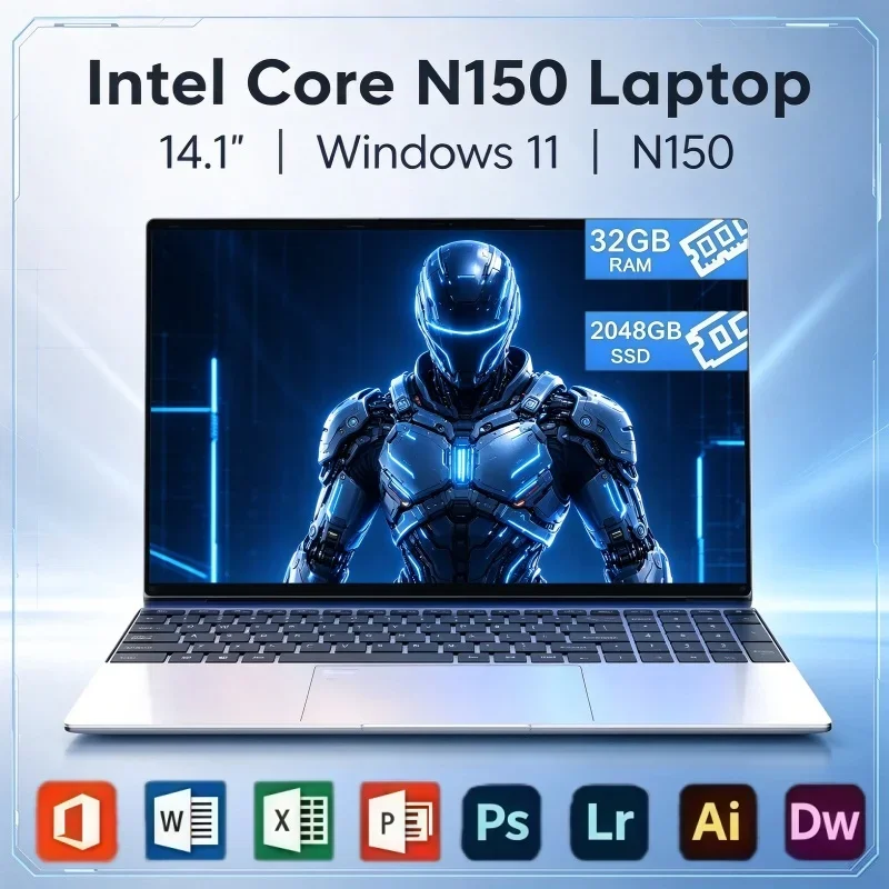 New Light Ultra Slim 14.1 Inch Laptop Intel N150 32GB RAM 2TB SSD 1080P Screen Windows 11 PC For Daily Work & Media Playback