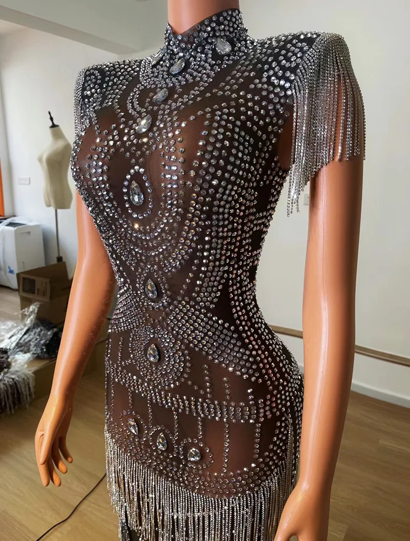 Summer Black Mesh Rhombus Rear Split Tassel Shiny Dress Party Ladies Vestidos Fiesta Vestidos Noche De Lujo Fiesta  Above Knee