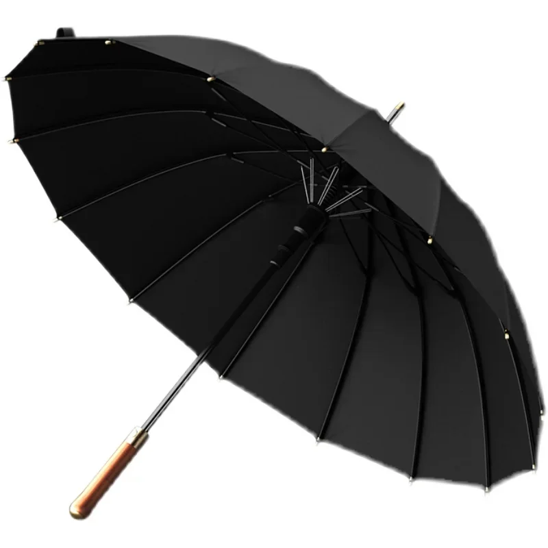 

Retro wooden handle 16-bone bold umbrella bone strong rainstorm special windproof men's long handle double umbrella