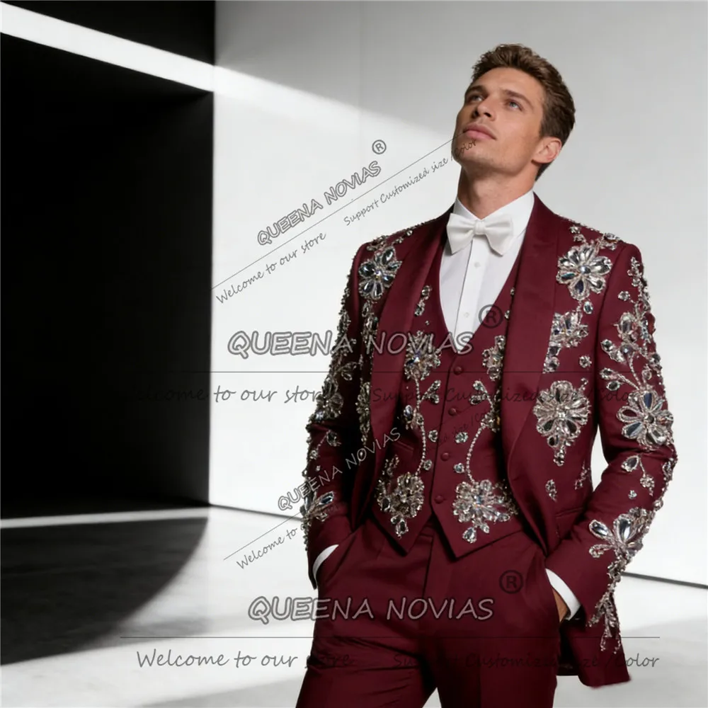 

Exclusive Rhinestone Beaded Men's Suits Single Breasted Prom Blazers Customized Man Banquet Party Groom Tuxedos Ropa Hombre