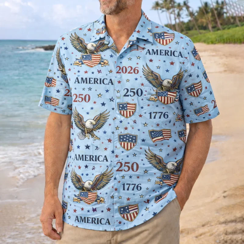 

Men's USA 250th Anniversary Hibiscus Print Hawaiian Shirt Short Sleeve Patriotic American Graphic Button Down Shirts