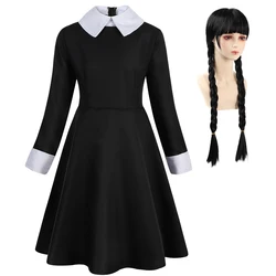 Jurebecia Wednesday Addams Cosplay Costume Wednesday Dress Wig Hair Girls Vintage Gothic Outfits Halloween Role Play Clothing