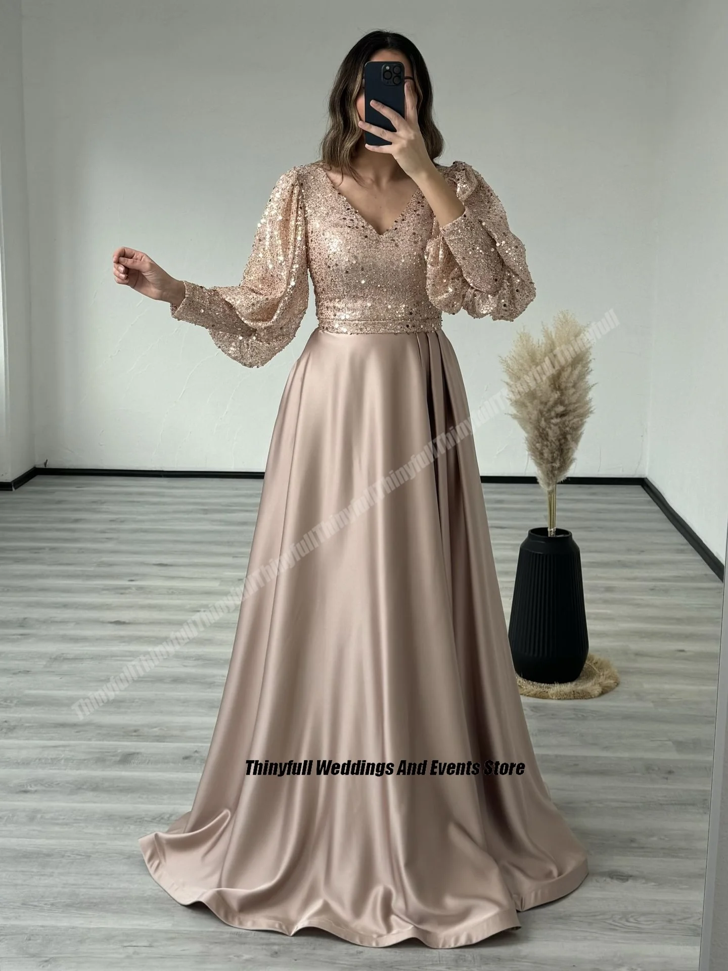 Thinyfull A-line Shiny Prom Dresses V-neck Puffy Sleeves Satin Sequined Evening Party Gowns Long 2024 Formal Occasion Dress