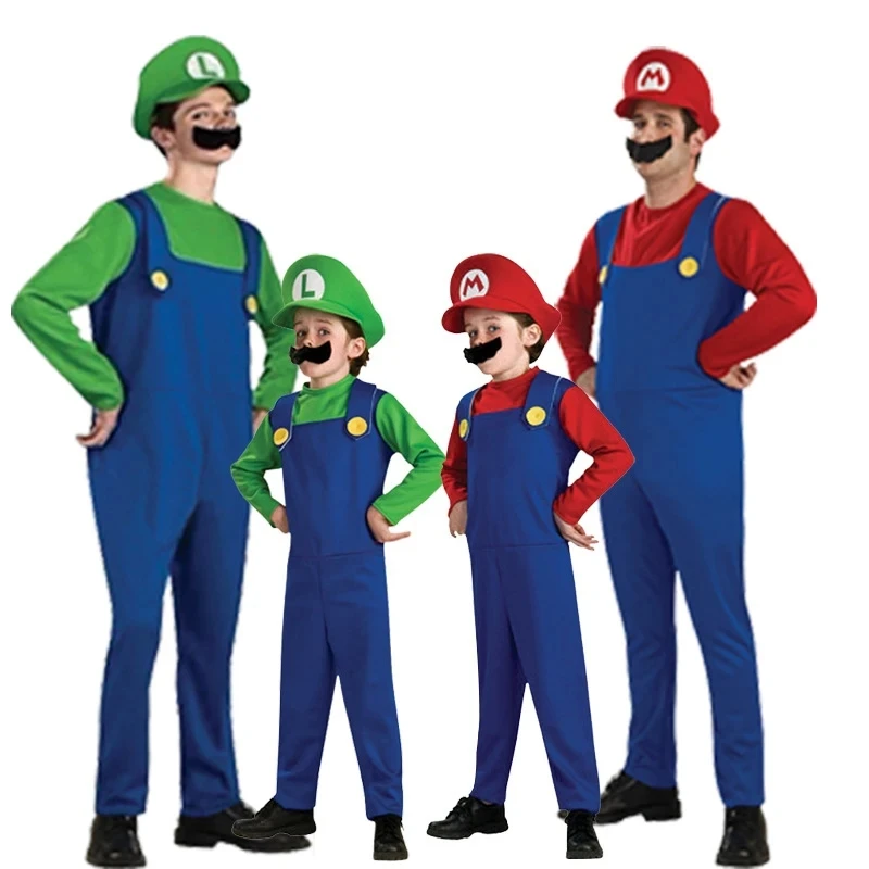 Kostium dla dzieci i dorosłych Super Mari Bros Cosplay dzieci Anime Romper chłopiec dziewczynka impreza z okazji Halloween długi rękaw kapelusz derby kostium