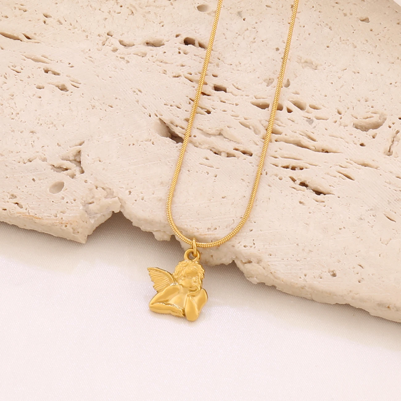 Women's 18K Gold Plated Stainless Steel Waterproof Fashion Cute Angel Cupid Pendant Necklaces Collier Femme Party Jewelry Gifts