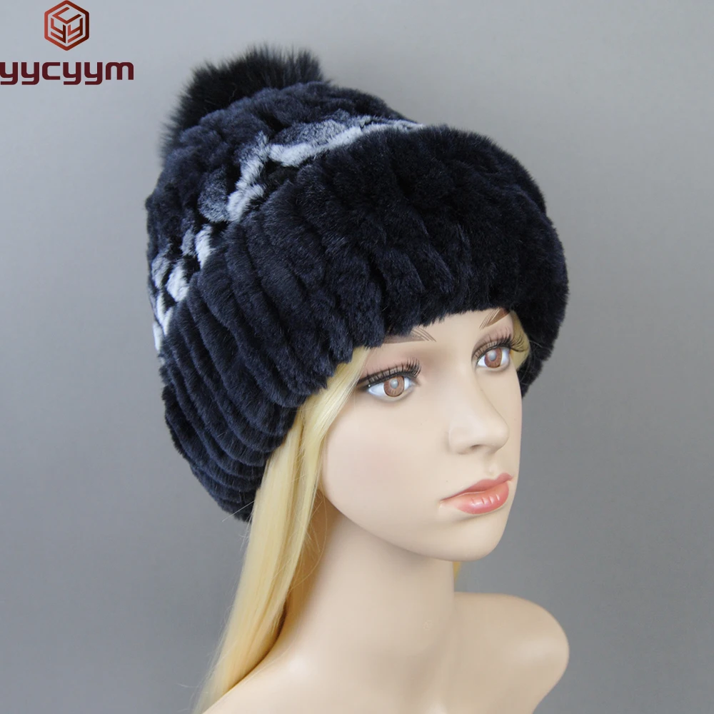 New Winter Warm Real Rex Rabbit Fur Hats Beanies 100% Natural Fur Caps Fashion Knitted Genuine Fur Hat With Silver Fox Fur Ball