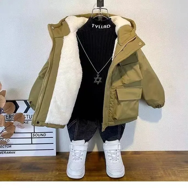 

New Winter Down Cotton Jacket Boys Black Hooded Coat Children Outerwear Clothing Teenage 4-12 Year Kids Parka Padded Snowsuit