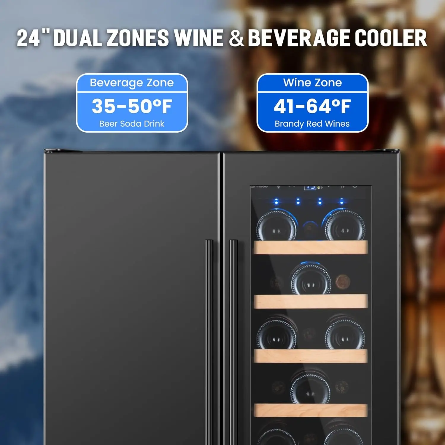 24inch Dual Zone Wine Cooler, 20Bottles 88Cans Undercounter Black Beverage Fridge for Bar Office Kitchen Drink Chiller