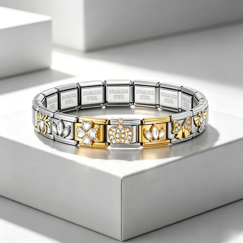 URING Schleifenanhänger Glücksklee Schlangenturm Ballett Engel Zirkonia Italienische Gliederkette Passend für 9mm Edelstahl Schmuckherstellung DIY Charm Armband – Detail 2