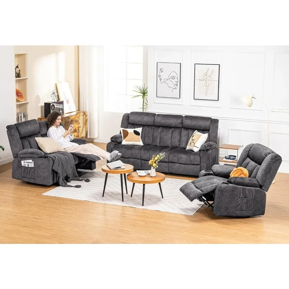 Manual Recliner Chair Set，Fabric Reclining Sofa Chair with Cup Holders, Upholstered Recliner with Side Pockets Suitable Sofa