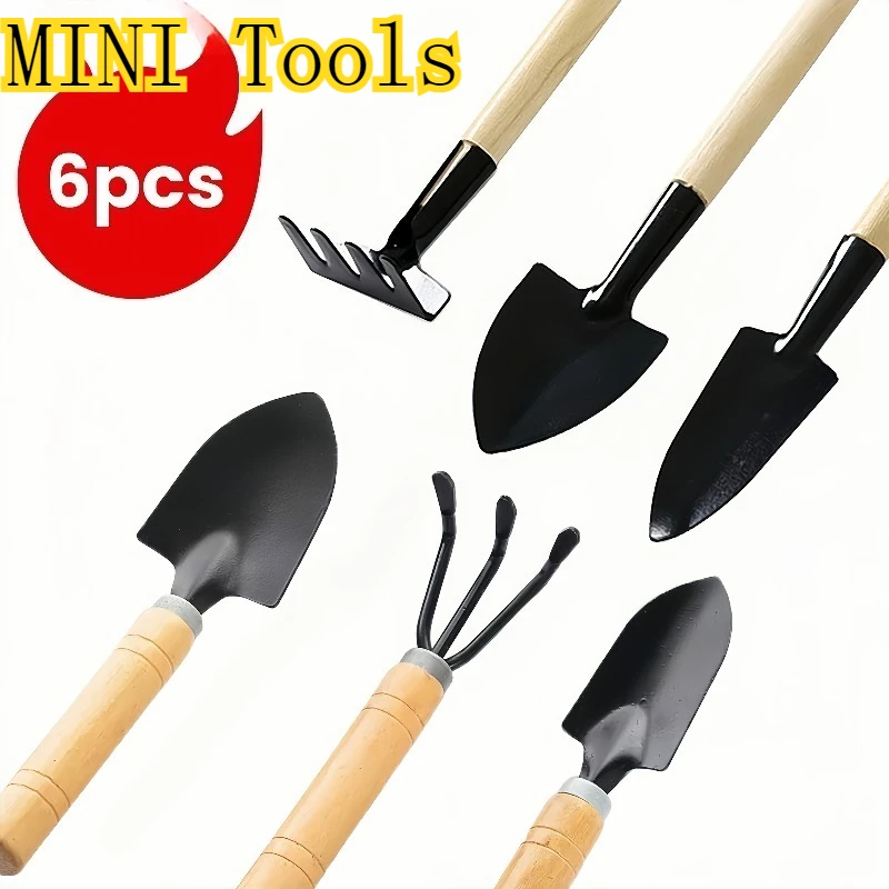 6pcs Mini Wooden Gardening Tool Set, Small Shovel & Rake Kit for Potting, Soil Loosening & Planting, Ideal Holiday Gift
