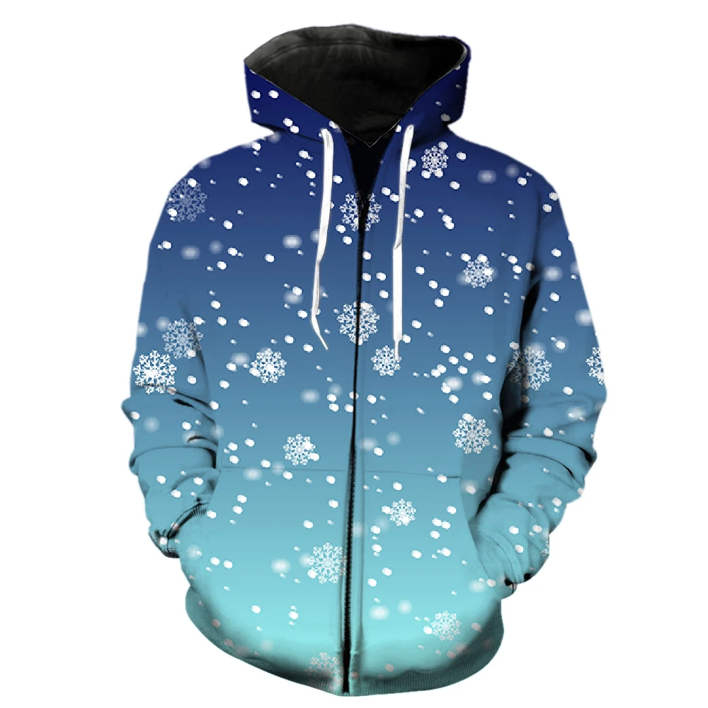 

Winter Snowflake Pattern Men's Zipper Hoodie Fashion 2022 Hot Sale Oversized With Hood Jackets Casual 3D Print Unisex Streetwear