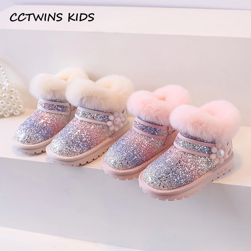 Girls Snow Boots 2023 Winter Toddler Kids Princess Fashion Brand Chelsea Ankle Boots Children Warm Fur Glitter Flower Pink Shoes