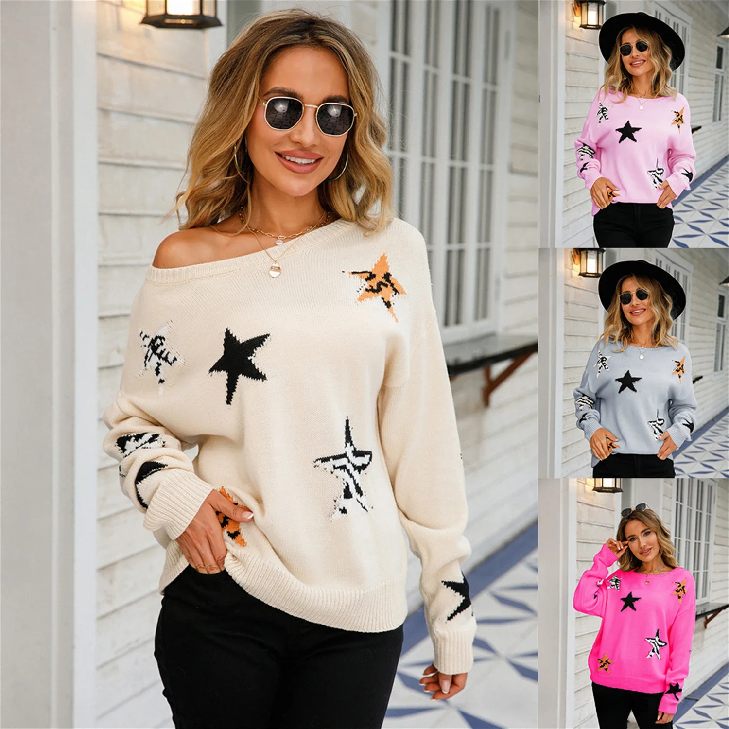 Star Pattern Knitted Sweater A Variety of Ways To Wear Crew-neck Long-sleeved Pullover Top Large Size Women's New Casual Sweater