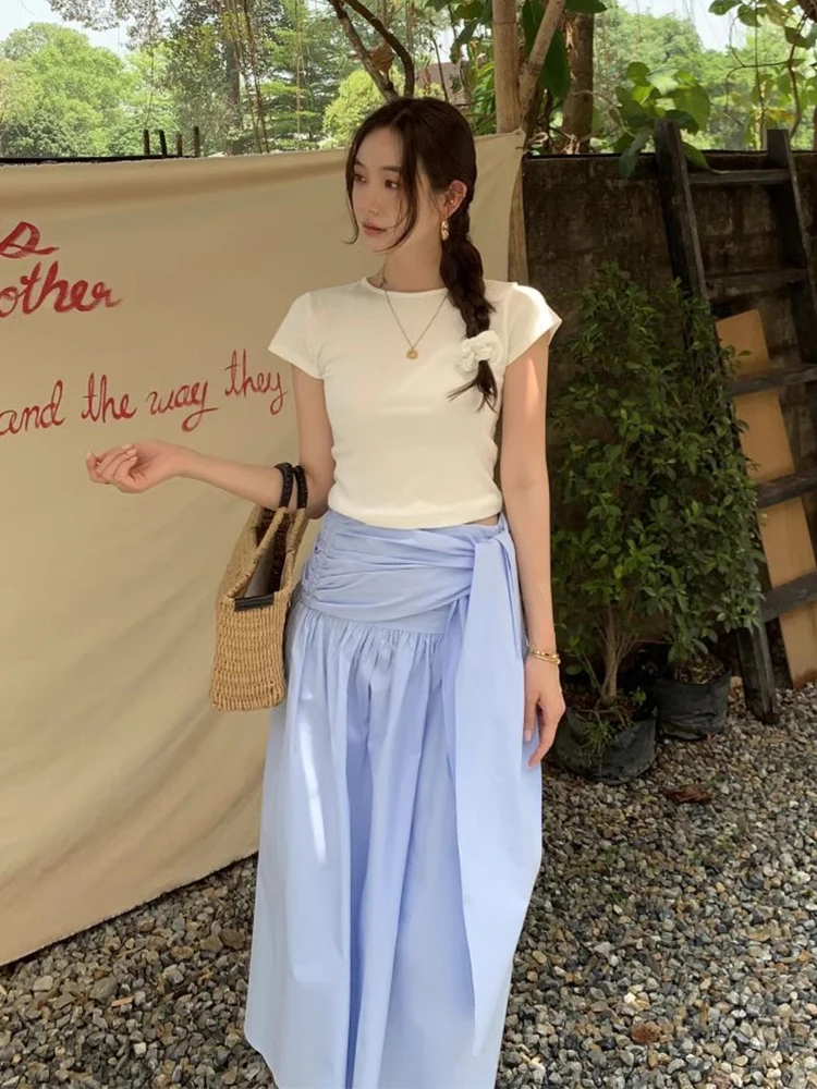 Chic Summer High Waist A-Line Midi Skirt Women's Asymmetrical Design Versatile Long Skirt Commute Korean Sle Other Material