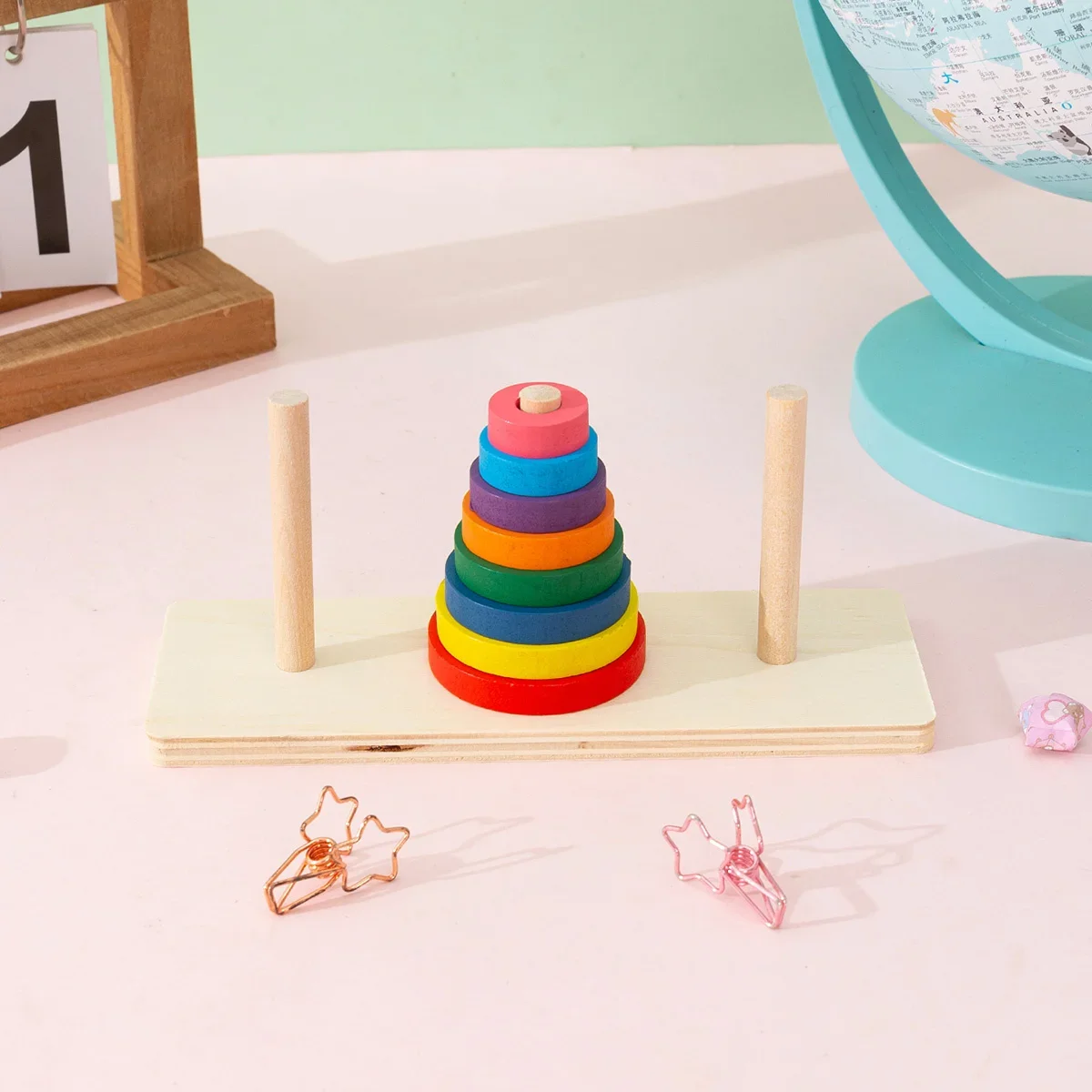 Drewniana tęcza do układania pierścieni, zabawka edukacyjna Montessori, gra geometryczna z kolorami i kształtami dla dzieci.