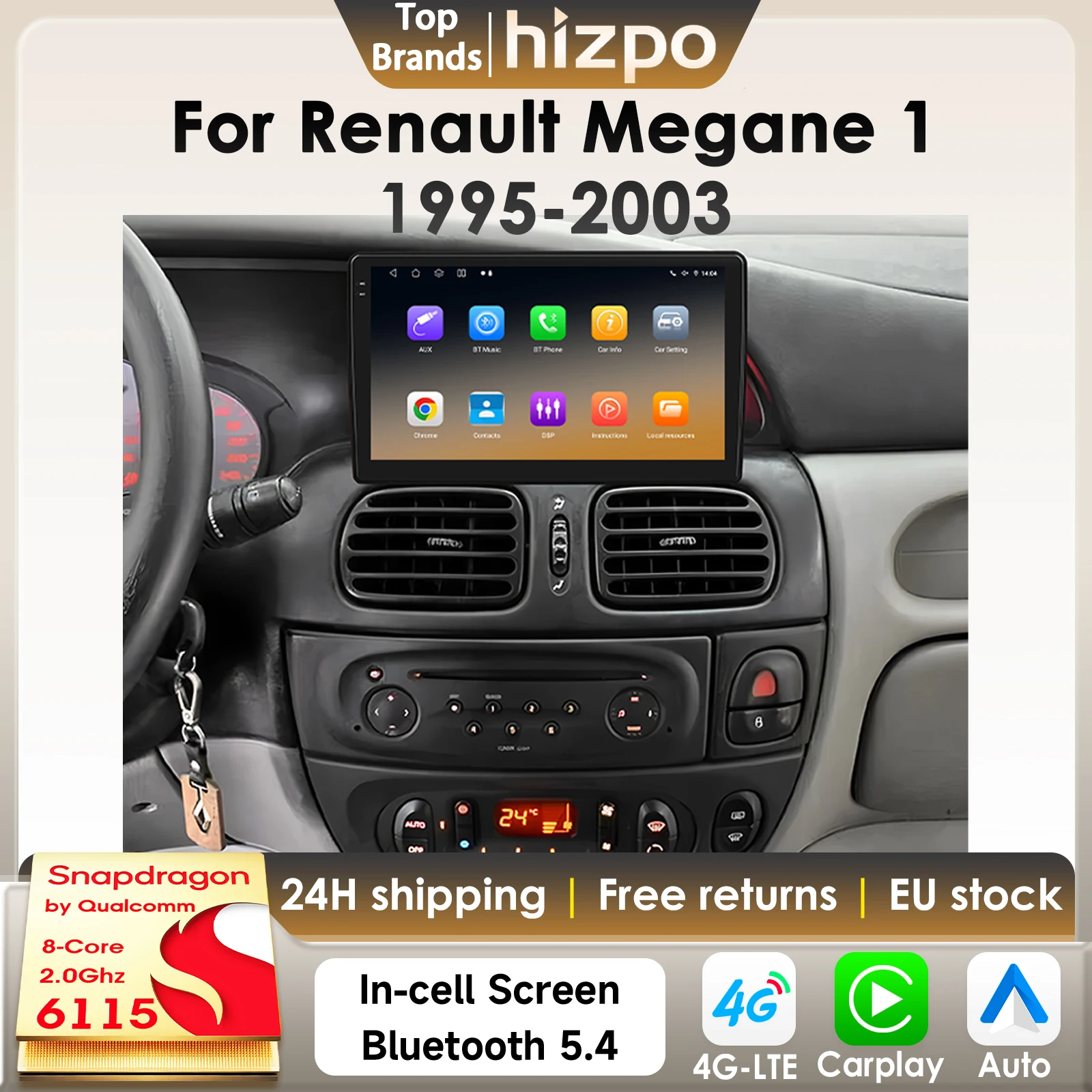 Hizpo 8Core 2Din Android 14 Autoradio für Renault Megane 1 1995-2003 Auto-Multimedia-GPS 4G Carplay 360-Kamera mit Snapdragon 6115