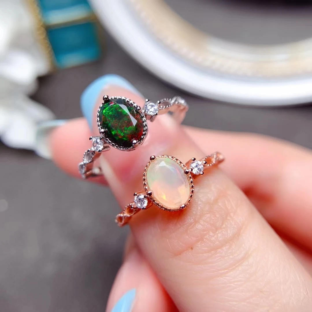 925 Silver Natural Ethiopia Opal Ring Faceted Cut October Birthstone Opal Engagement Ring For Women Anniversary Birthday Gift