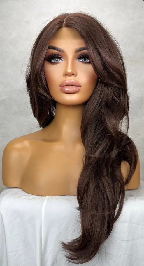 شعر مستعار مموج طبيعي بلون الشوكولاتة البني الاصطناعية باروكة أمامية من الدانتيل شعر مستعار نسائي عالي الجودة للاستخدام اليومي للحفلات #2