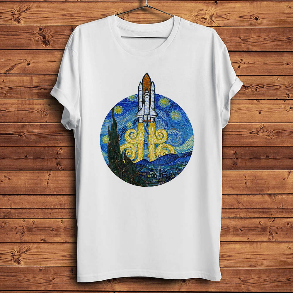 Space Shuttle in Van Gogh Starry Night,Funny Artistic T-Shirt White Homme Casual Short Sleeve Tshirt,Unisex Geek Tee,no-cracking