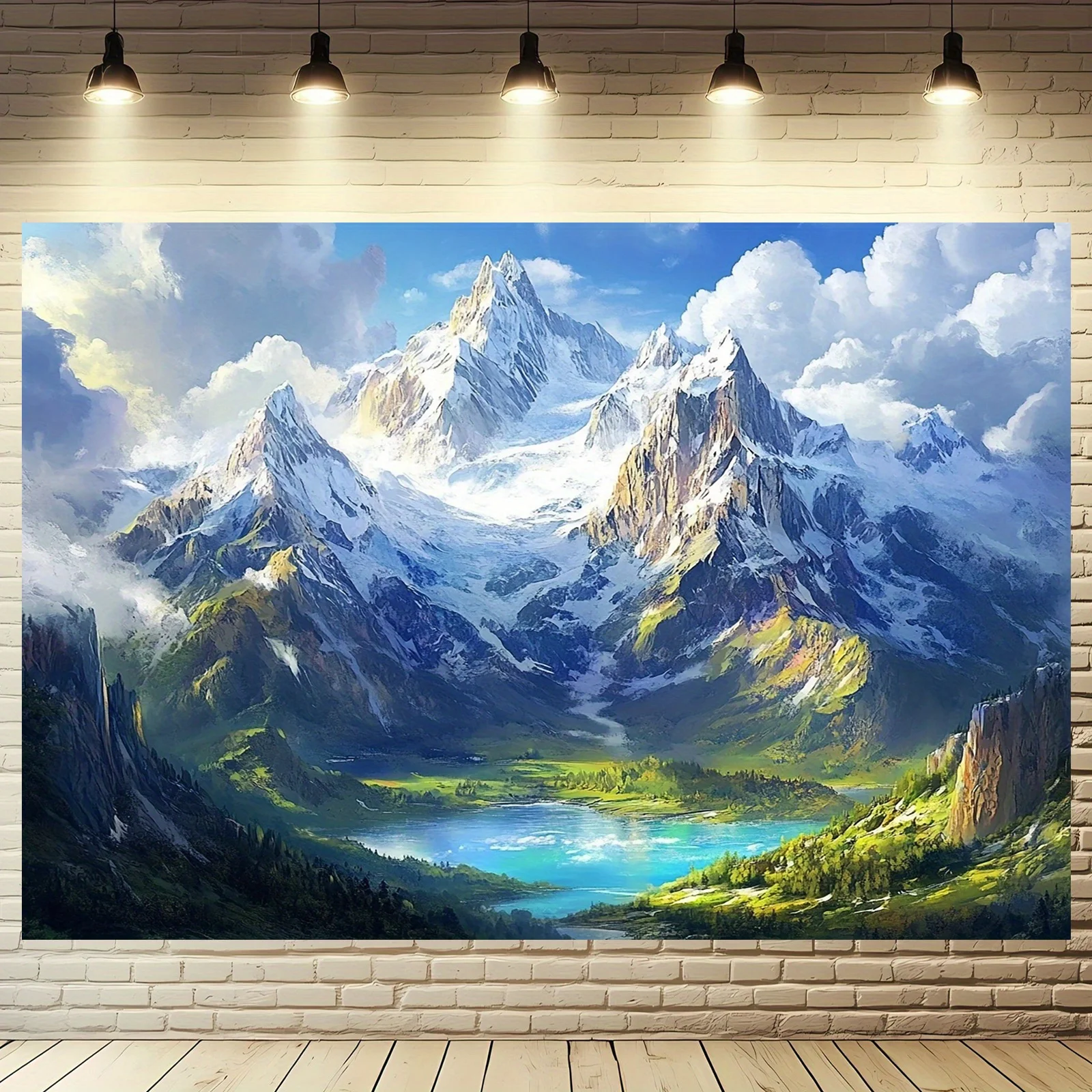 Un fondo de poliéster del Himalaya, con montañas capturadas en la nieve, espacios y lagos verdes, es adecuado para decoración del hogar.