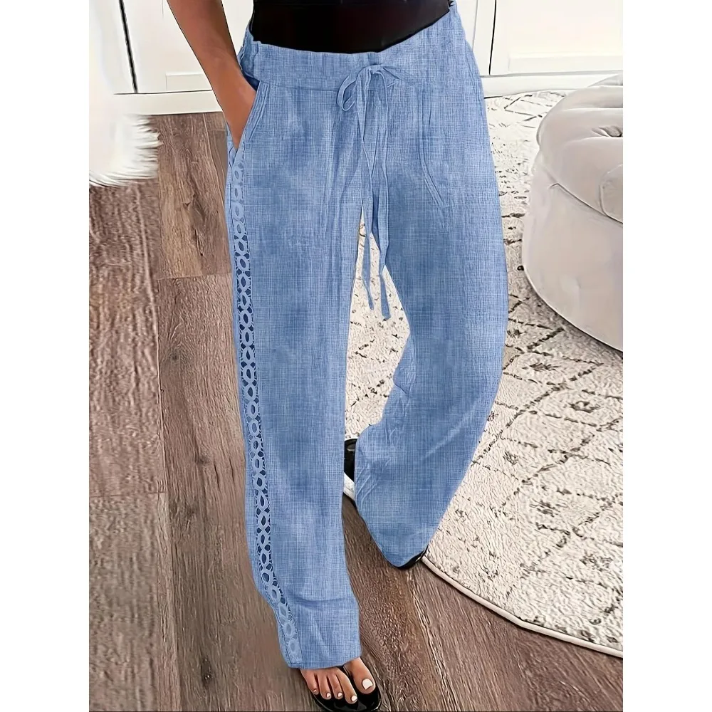 Pantalones de talla grande con ribete de encaje lateral para mujer, pantalones de Color sólido, diseño ajustado de punto, tela de espesor moderado, pantalones para todas las estaciones