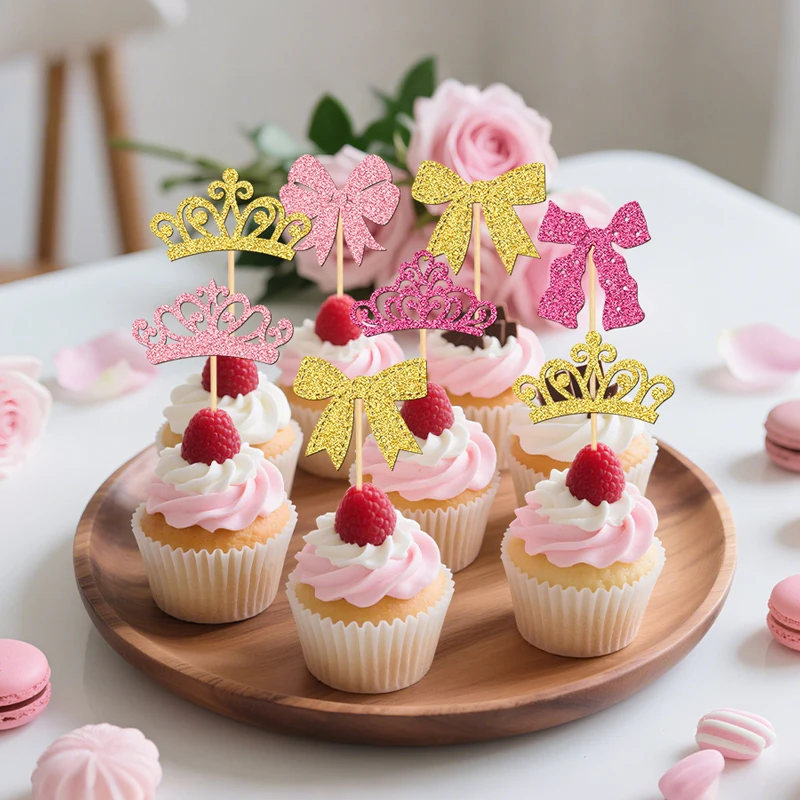 YOMDID 24 Stück elegante Cupcake-Topper, Krone und Schleife, Kuchendekoration, Prinzessin Cupcake-Picks für Geburtstag, Hochzeit, Kuchendekorationen – Detail 7