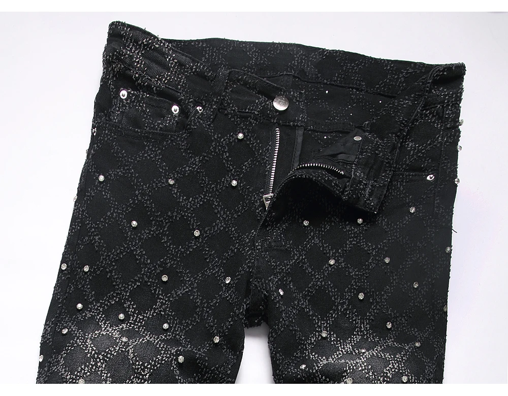 Herren Crystal Bootcut Jeans Punk Schwarze Stretch-Denim-Hose Nietenverzierte Schmale Schlaghose Modische Bootcut-Hose – Detail 5