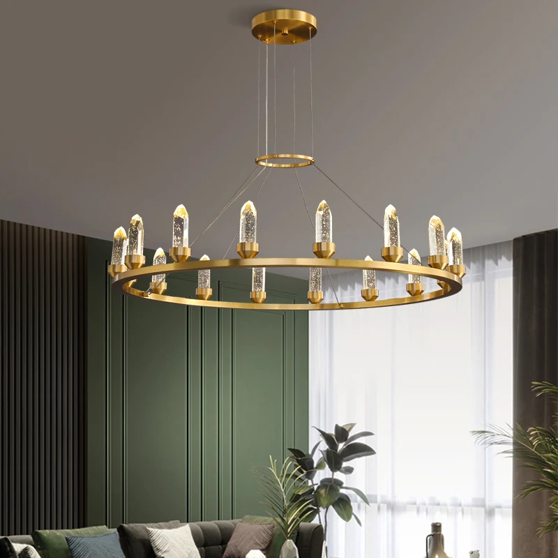 WP Modern Copper Crystal Chandelier Creative Golden Hanging Lamp Dining Hall Kitchen Round Pendant Lamp Living Room Main Light