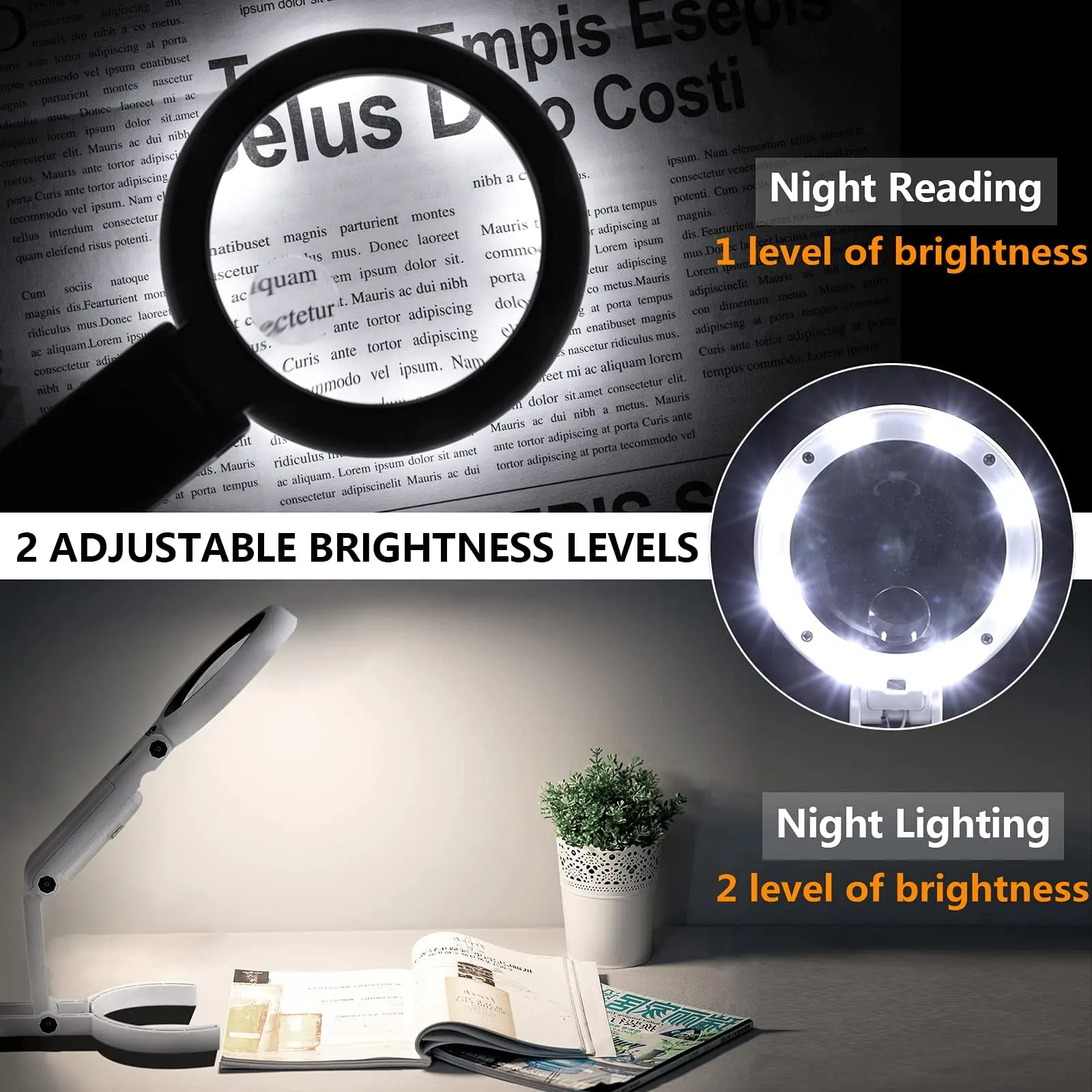 5x 11x Folding Magnifying Glass for Repair with 8 LED Lights and Stand Handheld Desk Magnifier Potable for Seniors Reading Lamp