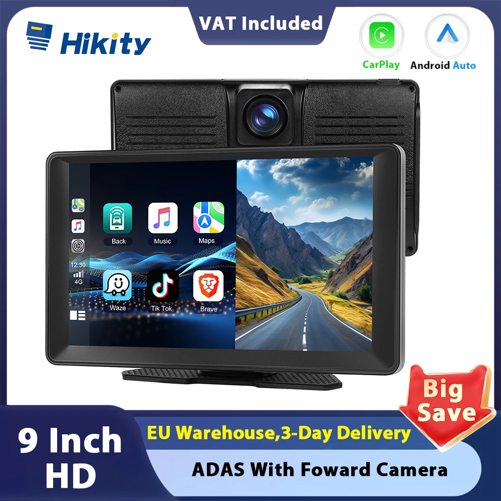 Hikity Portable 9-inch Screen Carplay Car Radio CarPlay Screen Suppport Rear Camera Android Auto/CarPlay With Foward Camera