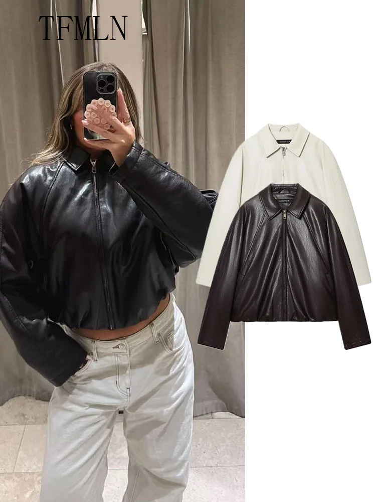 

TFMLN 2025 New Faux Leather Jacket For Women Simple Retro Zipper Lapel Oversize Coats High Street Full Sleeve Cropped Outwear