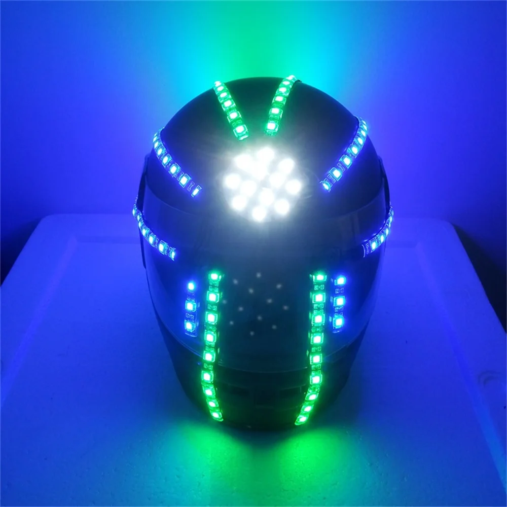 Cool Blue Green White Color LED Motorcycles Bicycles Riding Helmet Bar Dj Show Robot Costumes Safe Headwears With Rechargeable