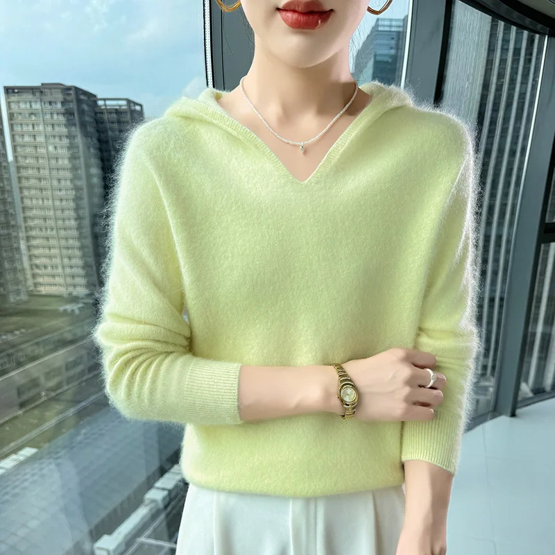 

Hot selling women's knitted 100% mink cashmere hooded sweater, slim fit and versatile, autumn full sleeved pullover, women's top
