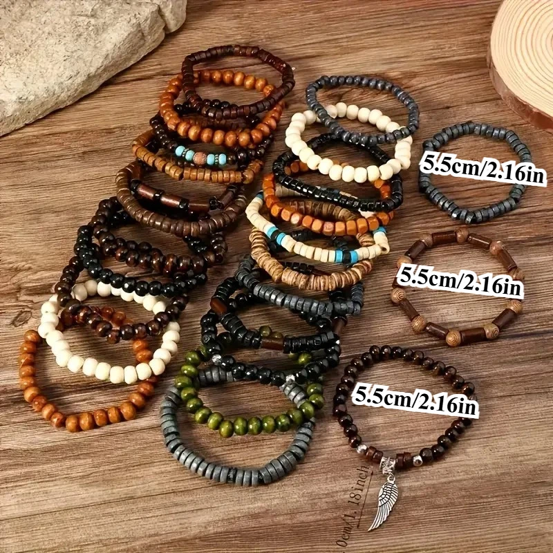 41PCS Natural Wood Elastic Beaded Bracelet Set for Men Women Wrap Bracelets Hemp Cords Wood Beads Ethnic Tribal Bracelets