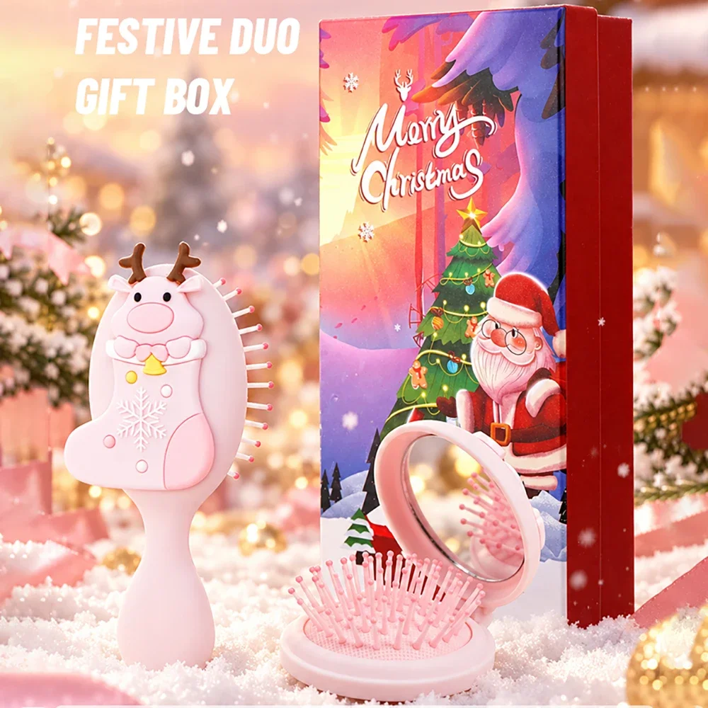 Christmas Elk Socks Cartoon Air Cushion Comb Gift Box Set Foldable Hairbrush Air Cushion Hair Brush Detangling Christmas Gifts