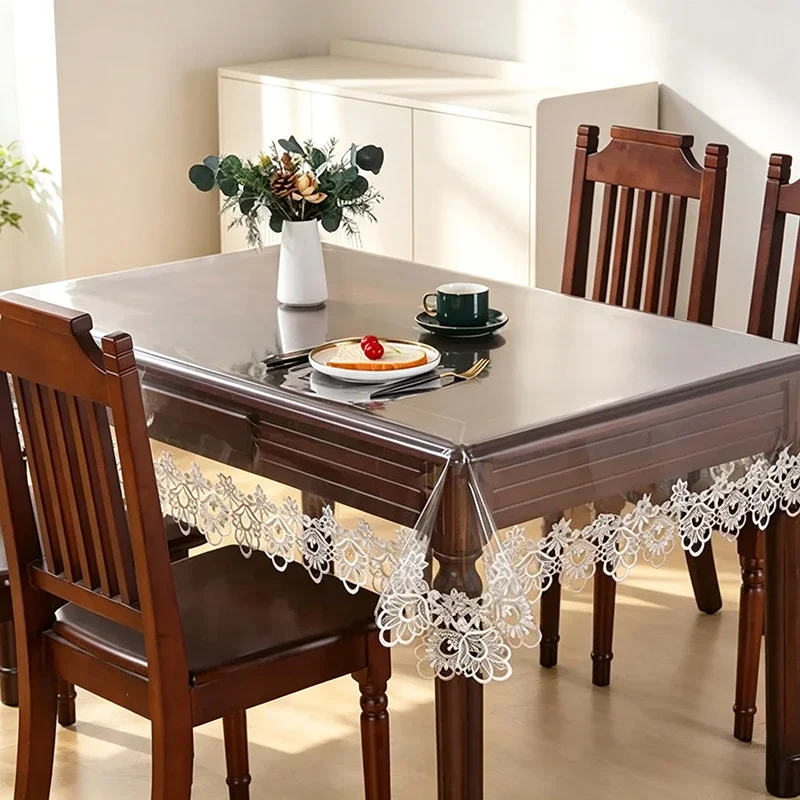 PVC Clear Dining Tablecloth Waterproof Oil Proof Embroidery Lace Coffee Table Cover Rectangular Party Home Decoration Tables Mat