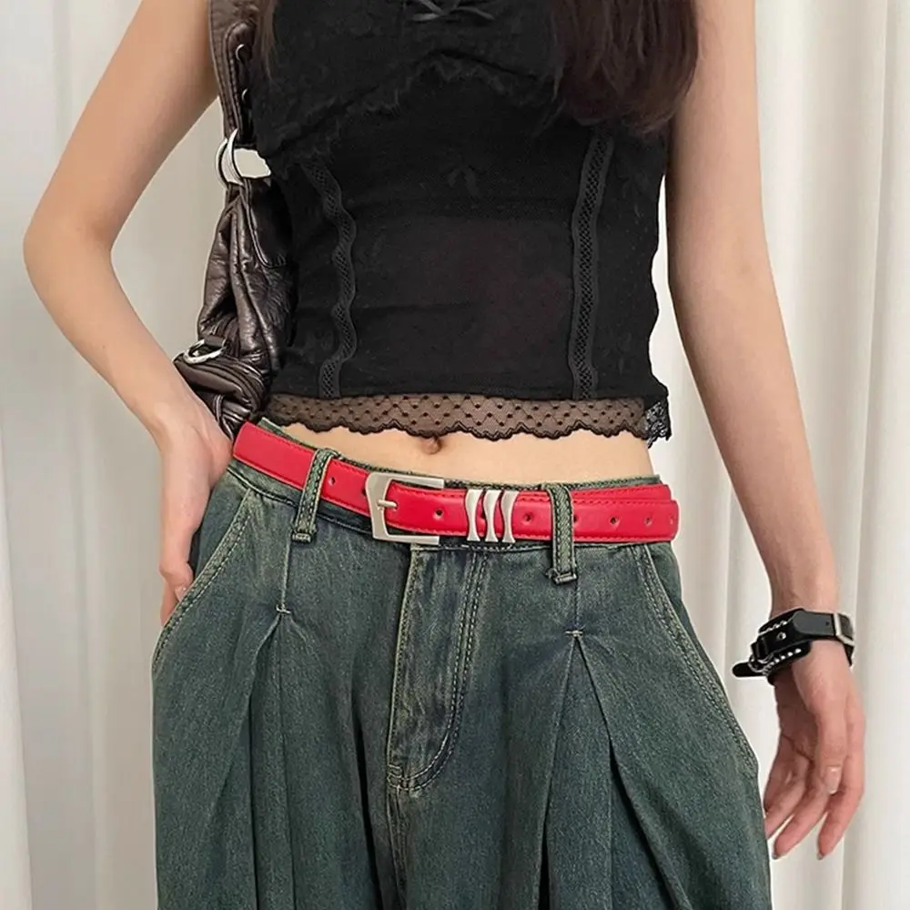 

Korean Designer Women's Belt Luxury Red Black White Metal Buckle Waist Belt Casual PU Leather Dress Jeans Belt Spicy Girls