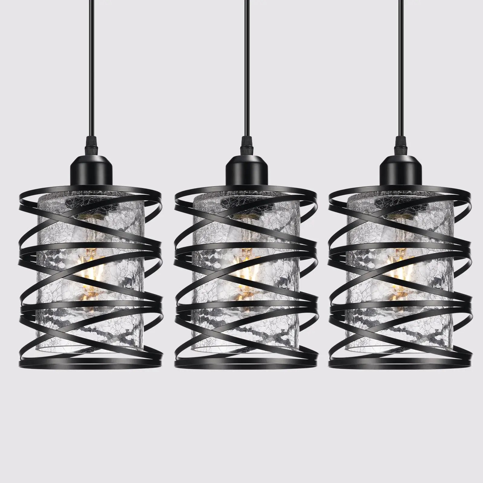 

3 Pack Pendant Lights Kitchen Island, Black Island Lighting Fixtures Hanging with Glass Crackle Shade, Mini Industrial Light