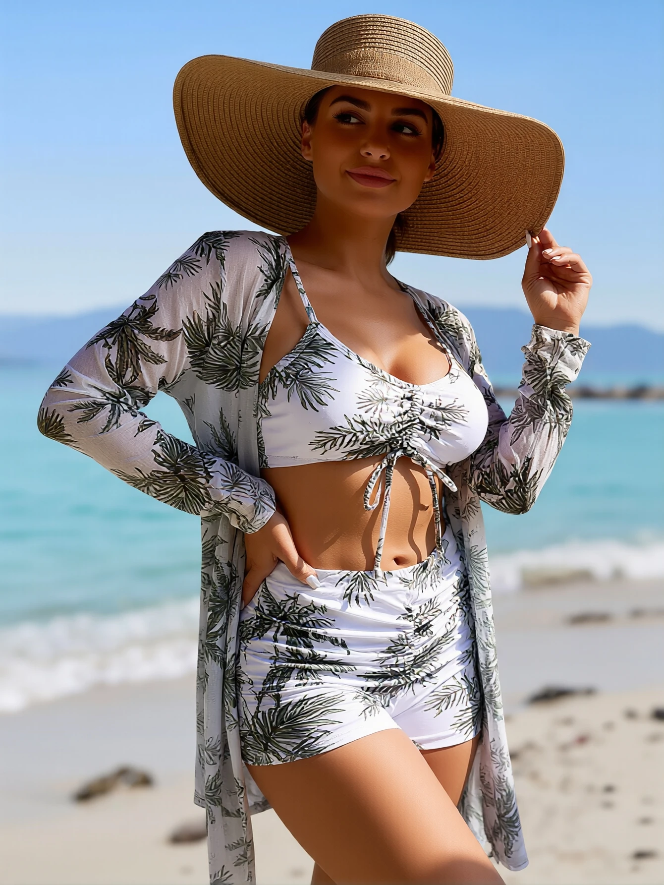 2026 New Pink Abstract Swirl Print 3 Piece Bikini Set, Front Tie Cami Crop Top High Waist Shorts Long Sleeve Kimono Cover Up view 3