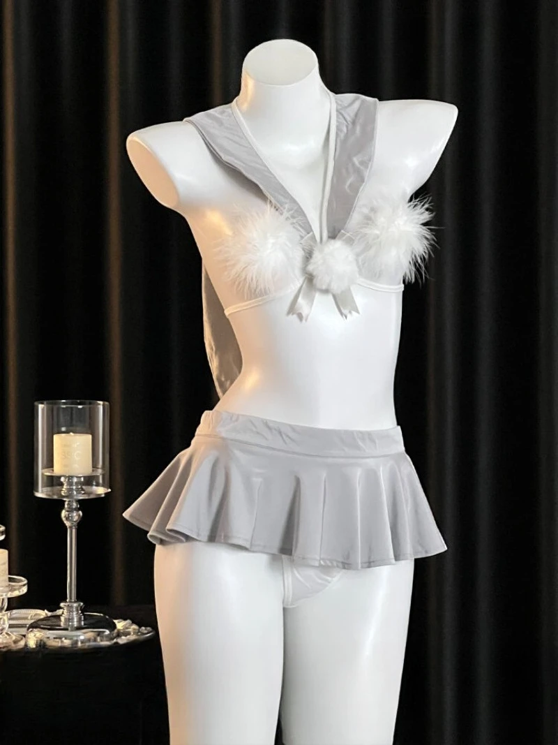 

Мягкий серый ультра-короткий комплект плиссированной юбки JK с маленьким диким кроликом, сексуальный соблазнительный наряд QQNY для пары, милый костюм для косплея Pure Desire